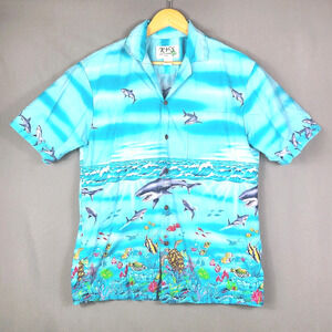 Vtg Kys Hawaiian Shark Print Short Sleeve Button Up Shirt 100% Cotton Mens M
